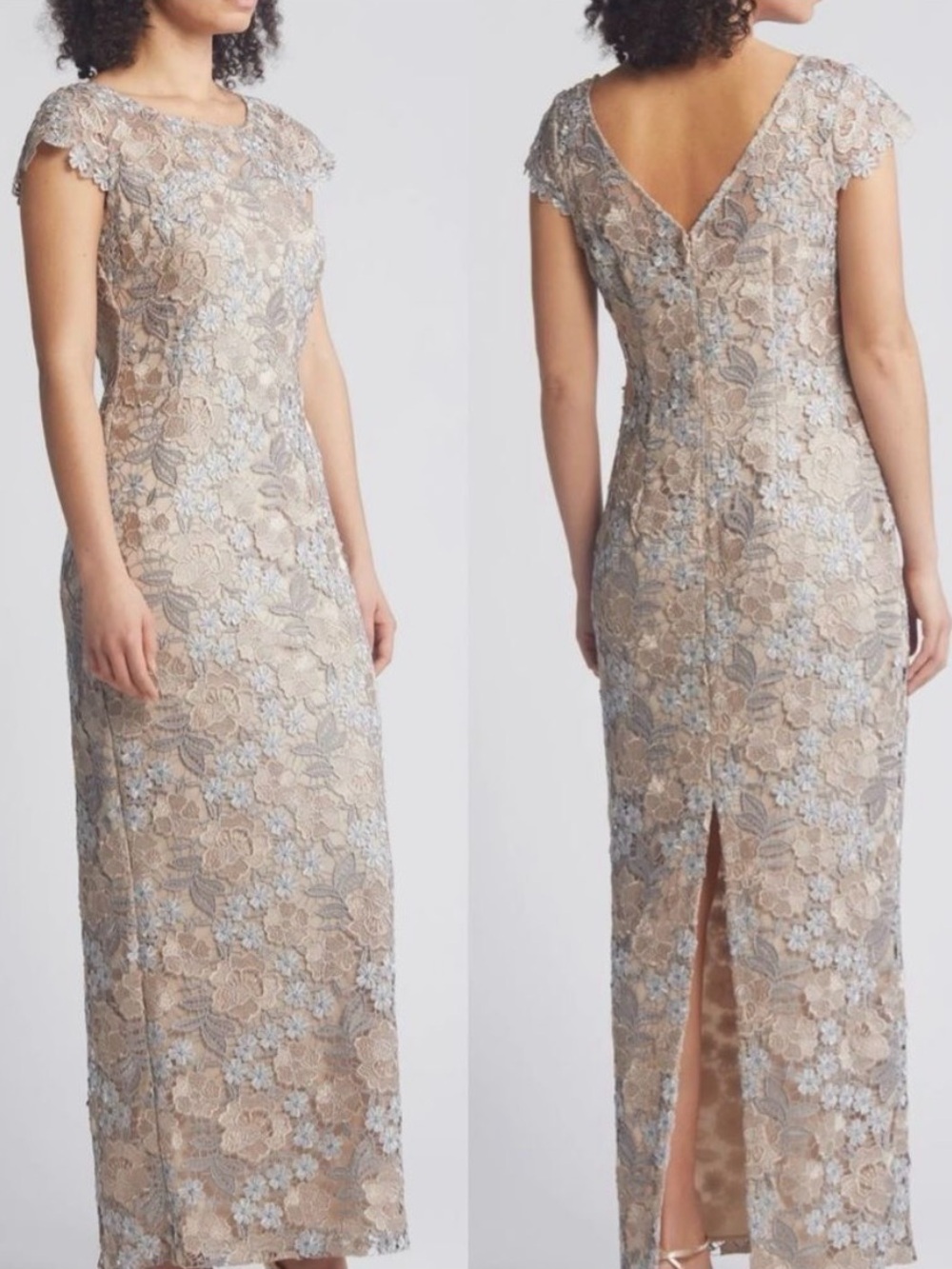 Xscape Evenings Stormi Long Floral Lace Sheath Formal Gown 12 Silver Champaign